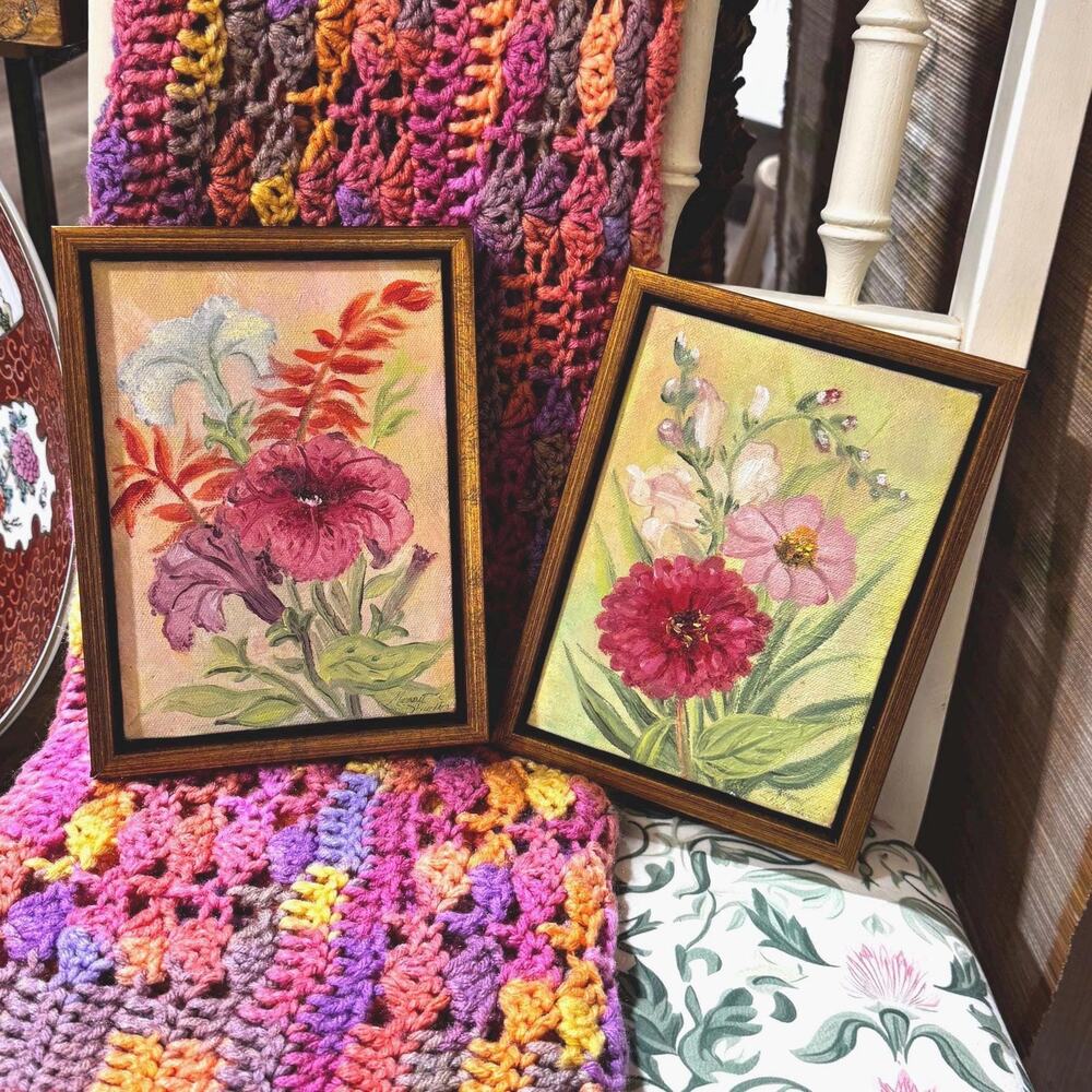 Vintage Pair Framed Floral Oil Paintings (2)
